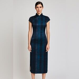 Vintage-Inspired Blue & Black Cheongsam Dress Size S High Slit Mandarin Collar